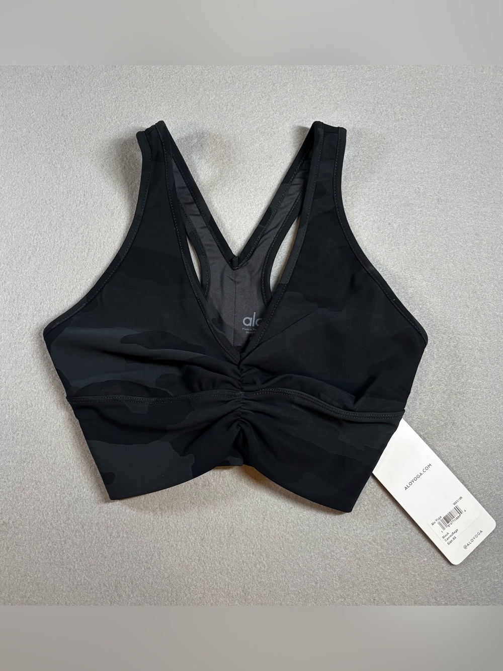 *Rare* Alo Yoga Vapor Wild Thing Sports Bra BlackCamo Gathered Front Size XS